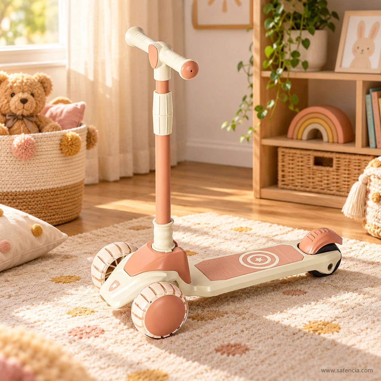 Beige kids scooty on a patterned rug in a playroom with a teddy bear and wooden shelves