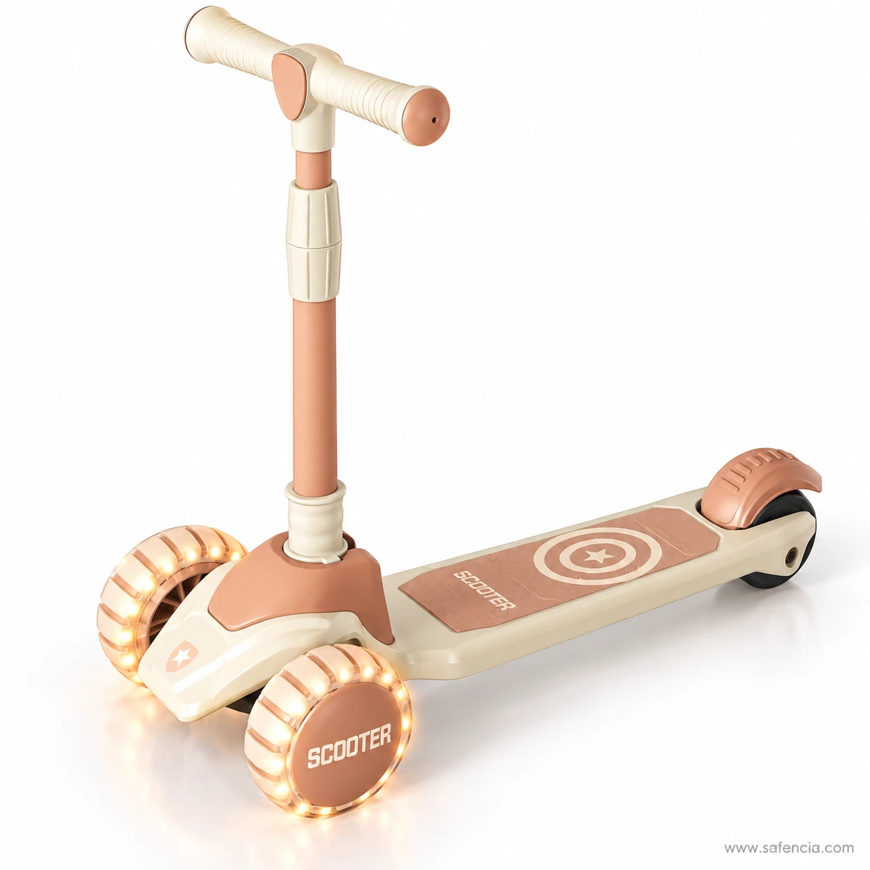 Beige kids scooty with both chunky front wheels glowing warm orange as they roll