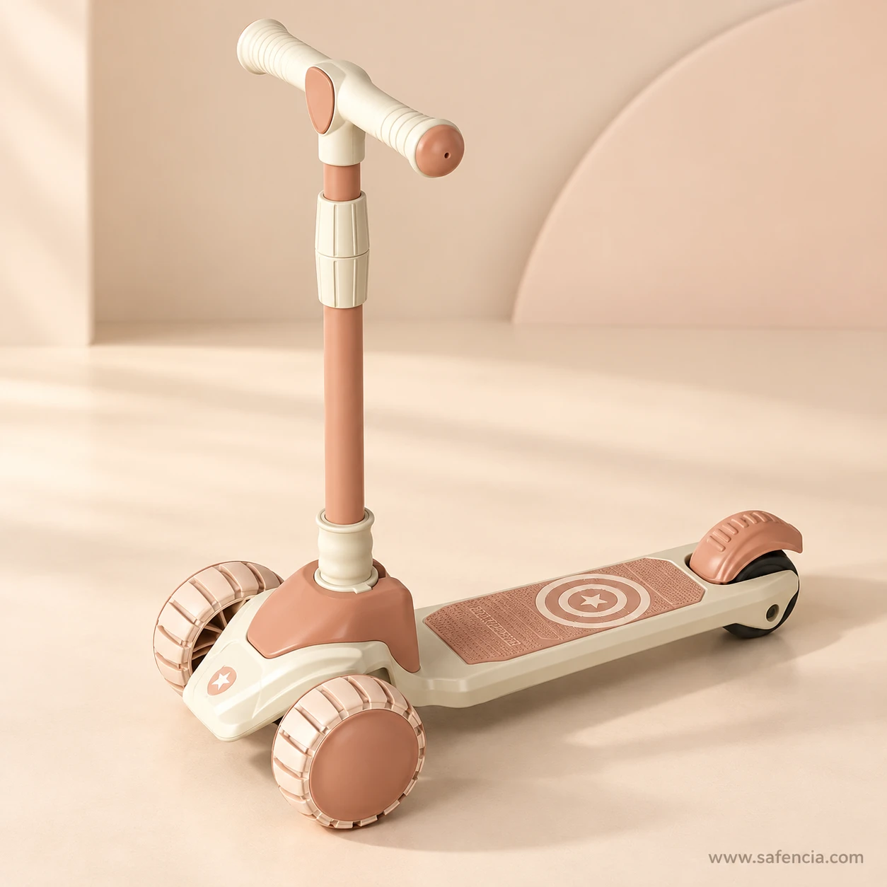 Beige kids scooty standing against a soft cream wall with sunlight on the floor