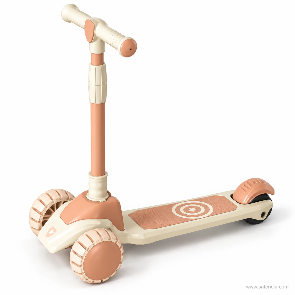Side angle of the beige kids scooty showing the long cream deck and terracotta rear mudguard