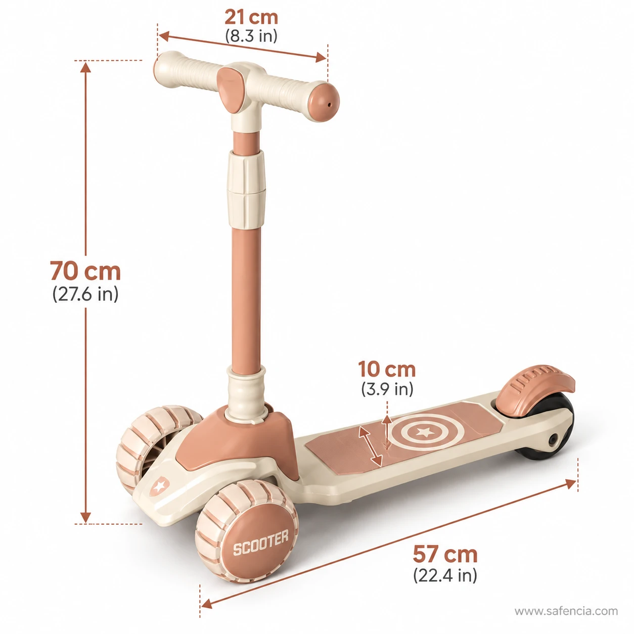 Beige kids scooty size chart from the side: 70 cm handle, 21 cm handlebar, 10 cm deck, 57 cm long