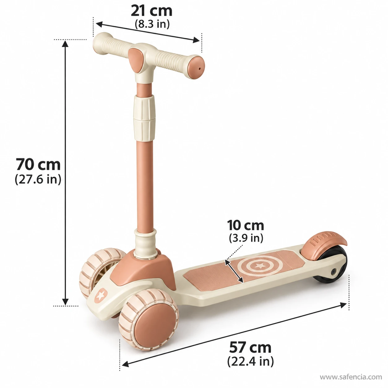 Size chart of the beige kids scooty showing 70 cm height, 21 cm handlebar, 10 cm deck and 57 cm length