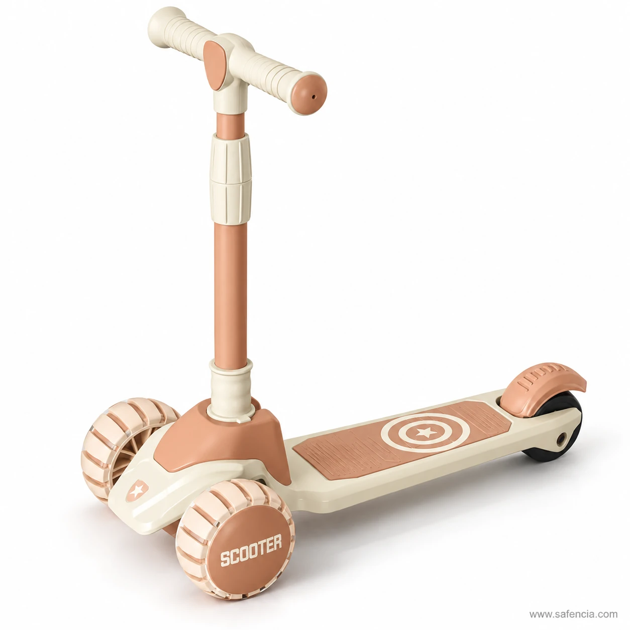 Beige kids scooty in cream and terracotta seen at three-quarter angle with its chunky front wheels