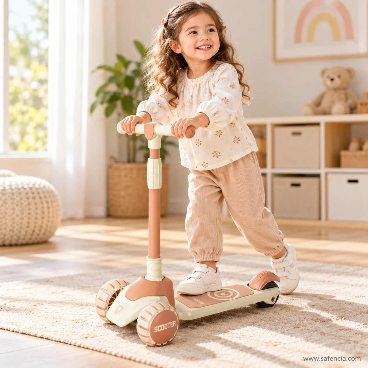 Smiling young girl riding the beige kids scooty across a sunny playroom