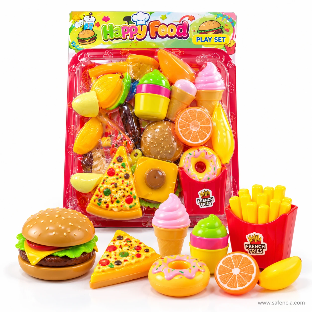Toy burger, pizza slices, ice creams, donut, orange and fries box in front of the big fast food set pack