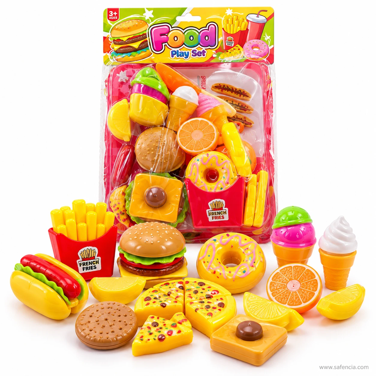 Big fast food toy set with hot dog, fries, burger, donut, ice creams and cut pizza slices spread in front of the pack