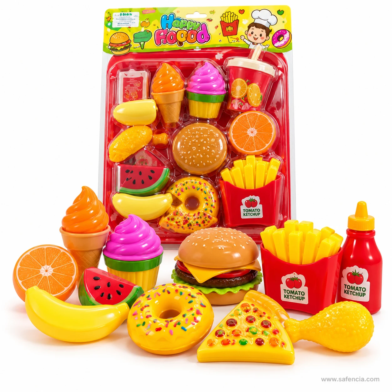 Velcro orange half, watermelon slice, banana, donut, ice creams, burger and ketchup from the big fast food toy set