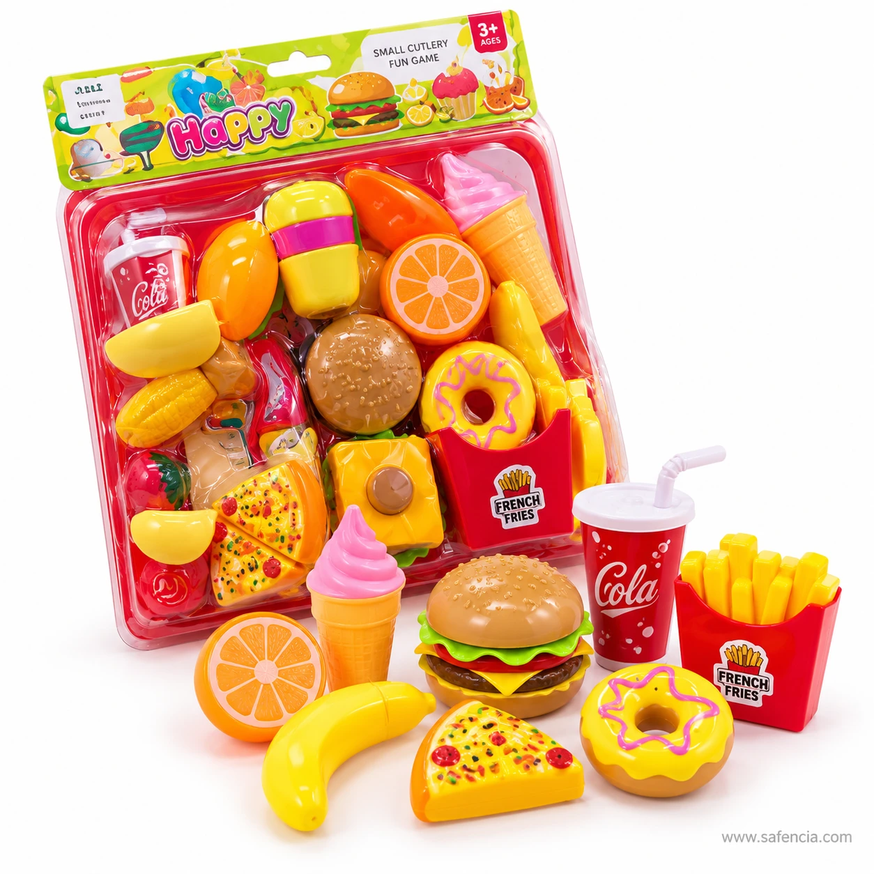 Big fast food toy set pack at an angle with an orange slice, banana, ice cream, burger and pizza slice in front