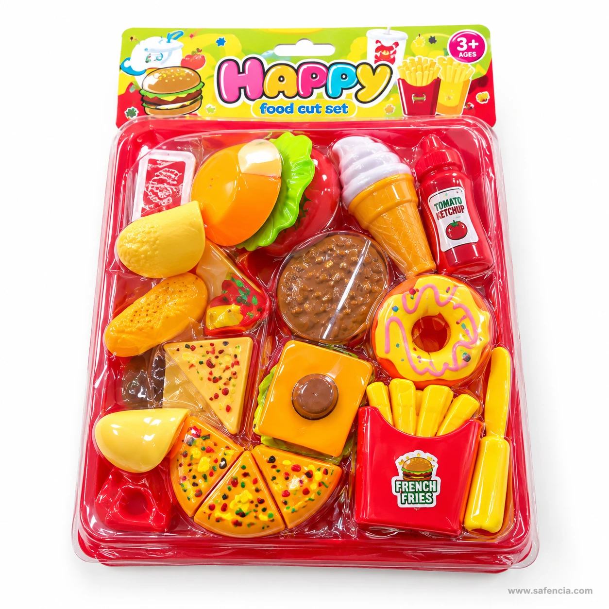 Front of the big fast food cutting set pack showing the red tray filled with burger, pizza, donut and fries