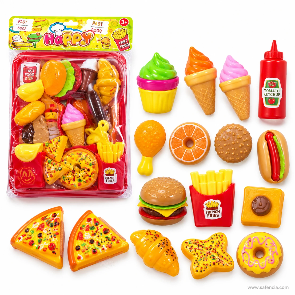 Big fast food set pieces laid out: ice creams, ketchup, drumstick, orange, hot dog, burger, fries, pizza slices, croissant, donut