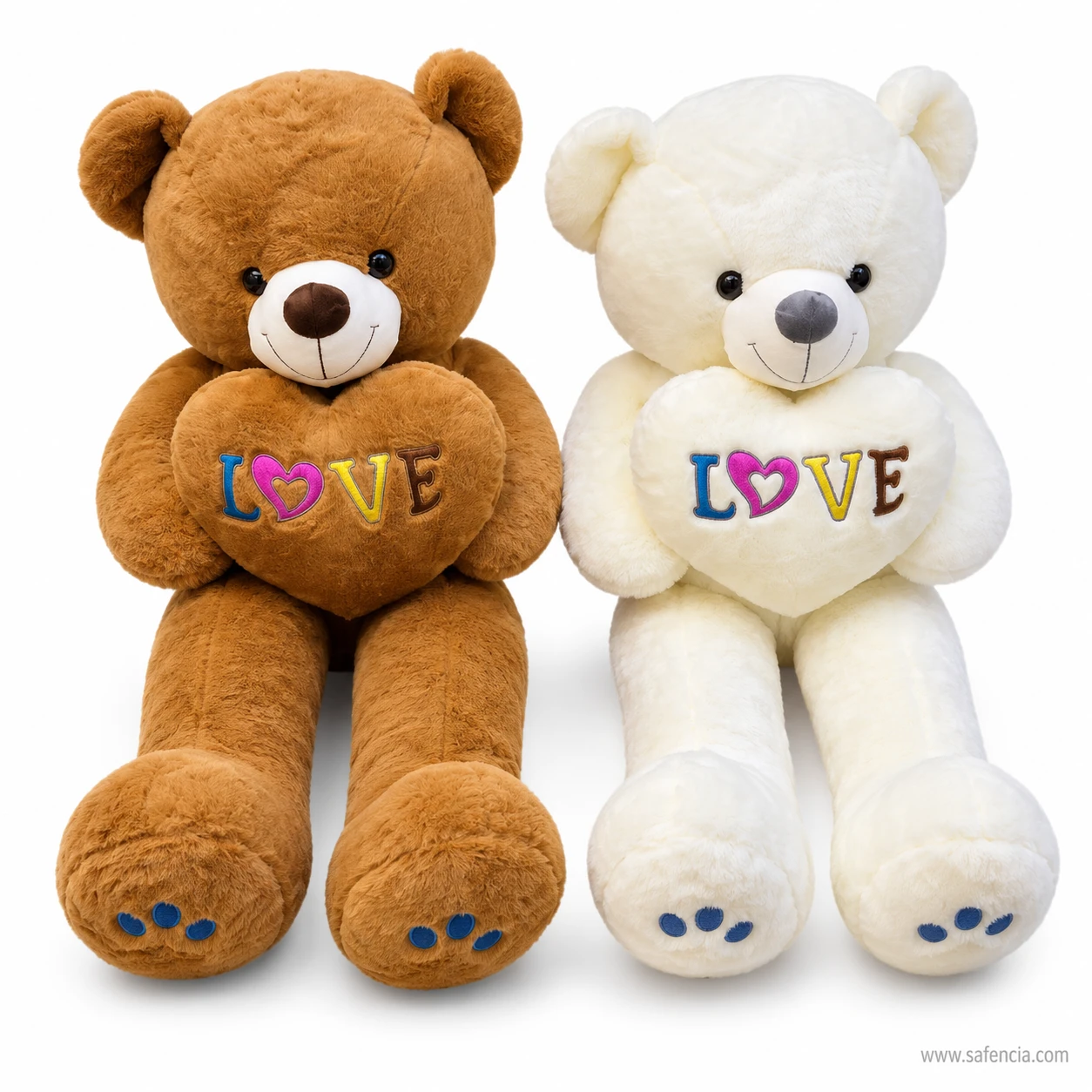 Brown and white 100 cm love heart teddy bears sitting side by side to compare the colours