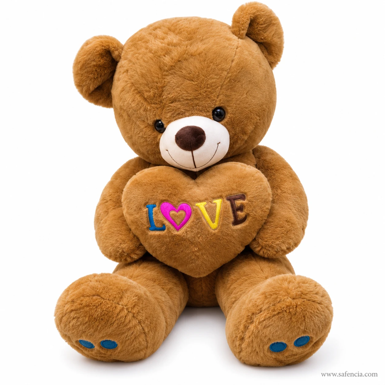 Close view of the brown love heart teddy bear and the multicoloured LOVE embroidery on its heart