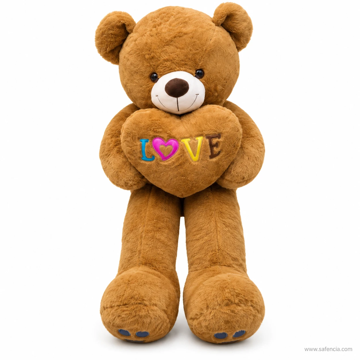 Brown 100 cm teddy bear with long legs holding a brown heart cushion embroidered LOVE