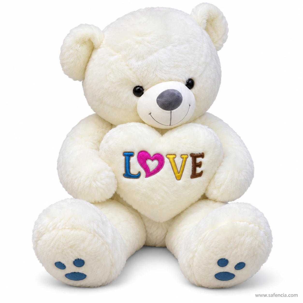 Close view of the white love heart teddy bear with a grey nose and the LOVE heart in its arms