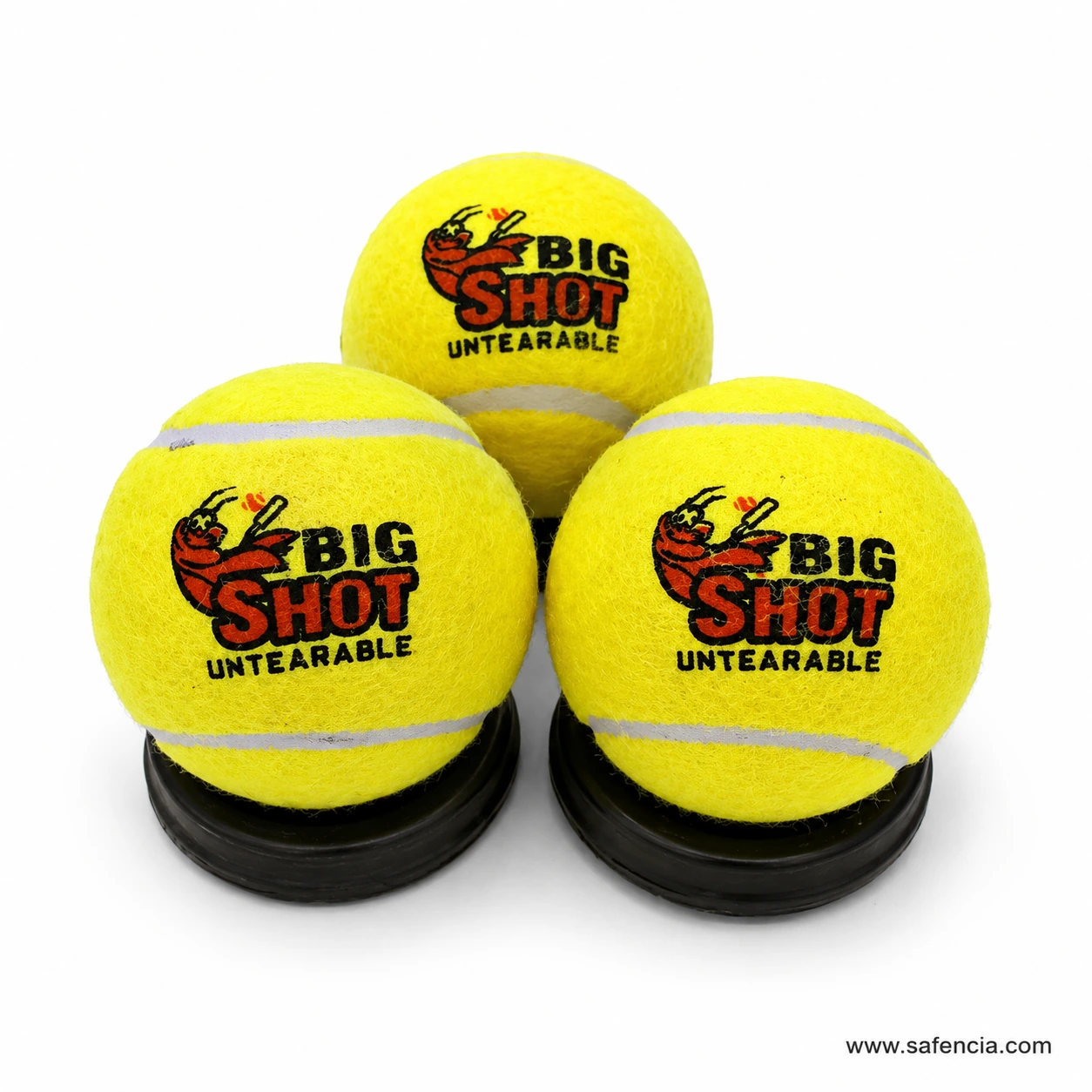 Big Shot foam tennis ball close up showing Untearable print and felt nap
