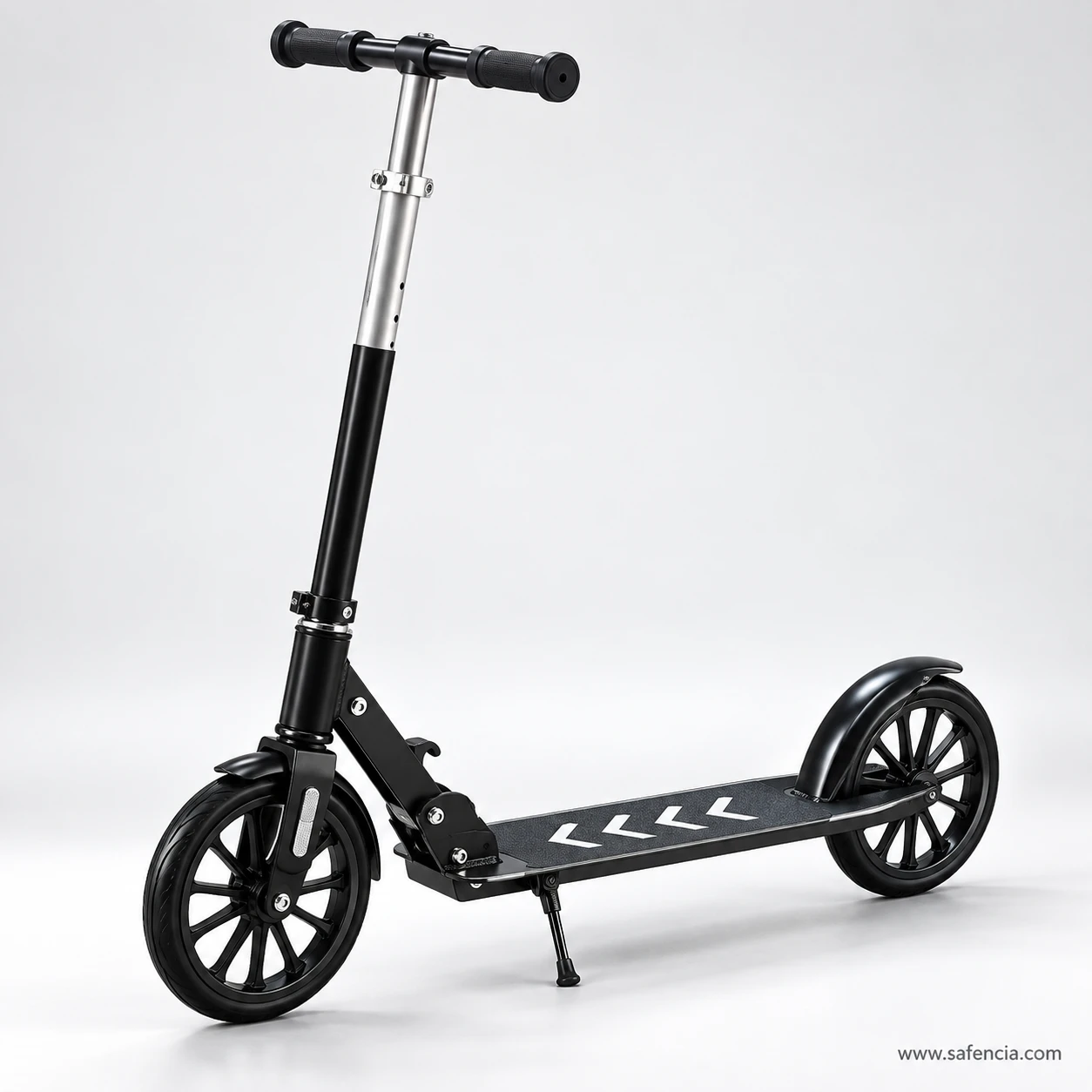 Black big wheel foldable kick scooter on its kickstand against a grey studio background