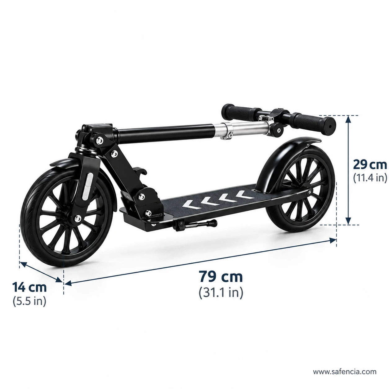 Folded size of the big wheel kick scooter: about 79 cm long, 14 cm wide and 29 cm high
