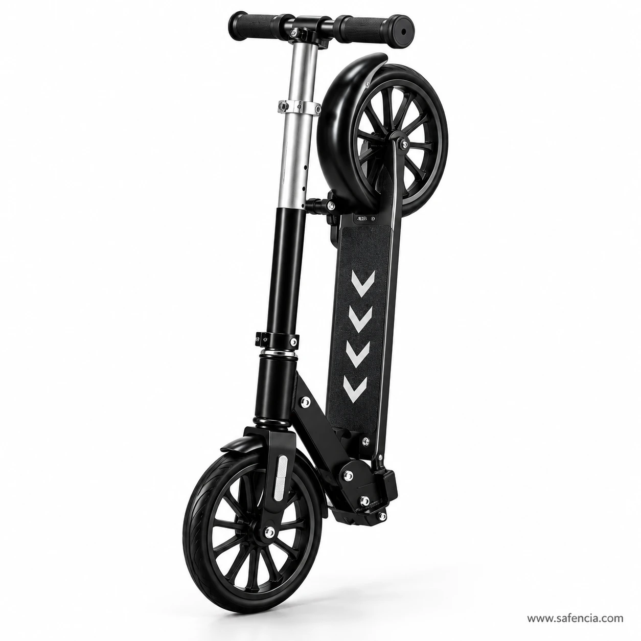 Black two-wheel kick scooter folded and standing upright on its end