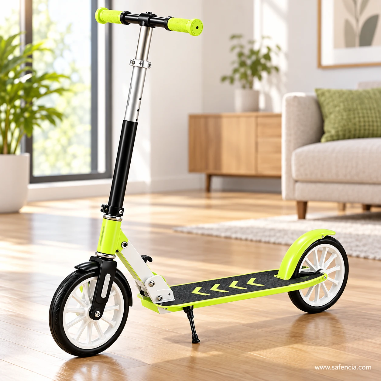 Lime green big wheel kick scooter standing on its kickstand in a sunny living room