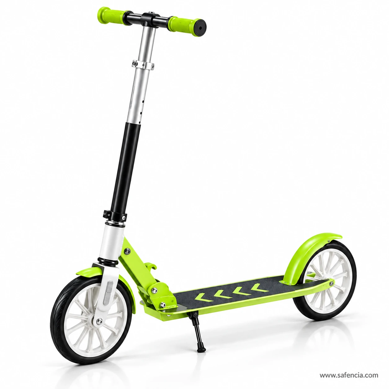 Lime green two-wheel kick scooter with white spoked wheels and a black deck