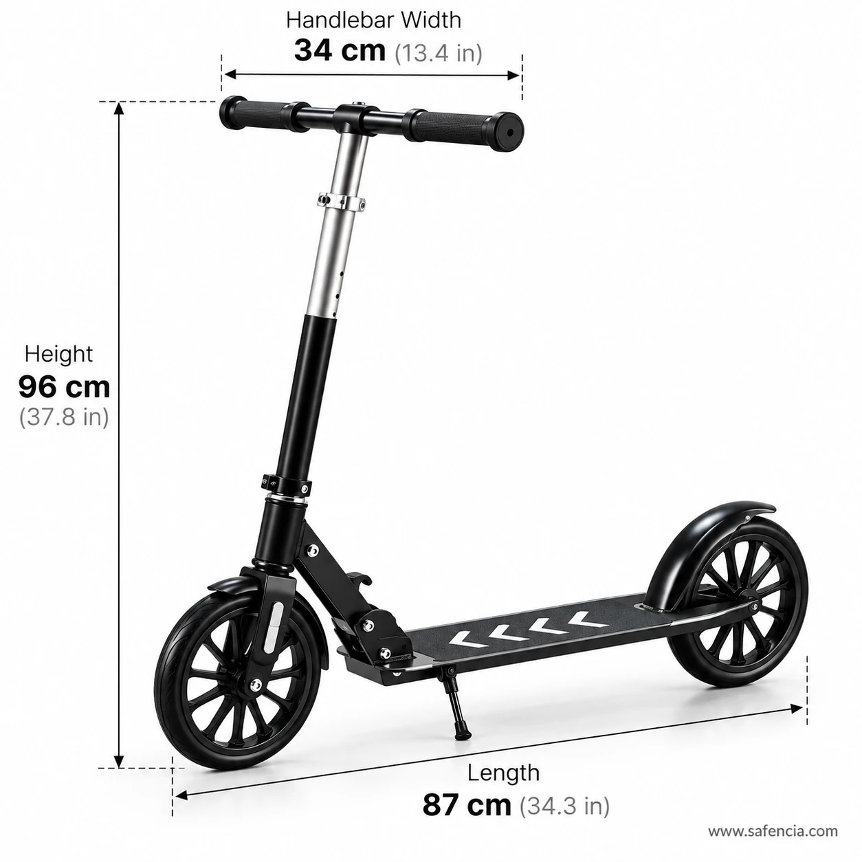 Size chart of the big wheel kick scooter: 96 cm height, 34 cm handlebar and 87 cm length