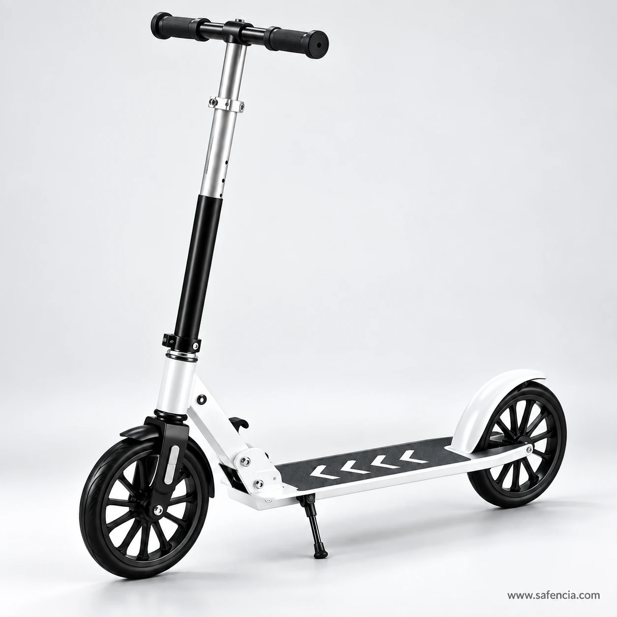 White and black two-wheel foldable kick scooter with a tall aluminium stem