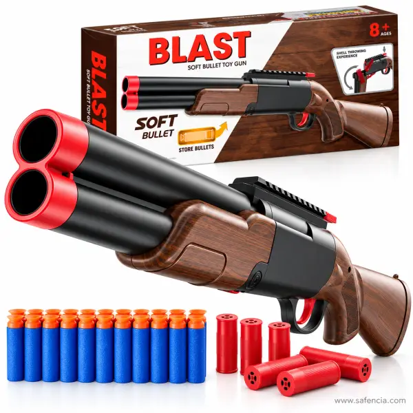 BLAST Classic Double Barrel Toy Shotgun with Shell Throwing, Brown Stock, Soft Foam Darts