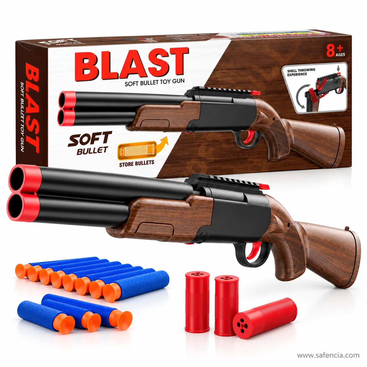 BLAST Soft Bullet Toy Gun box marked 8 and over with a shell throwing panel, the wood-look shotgun and darts in front