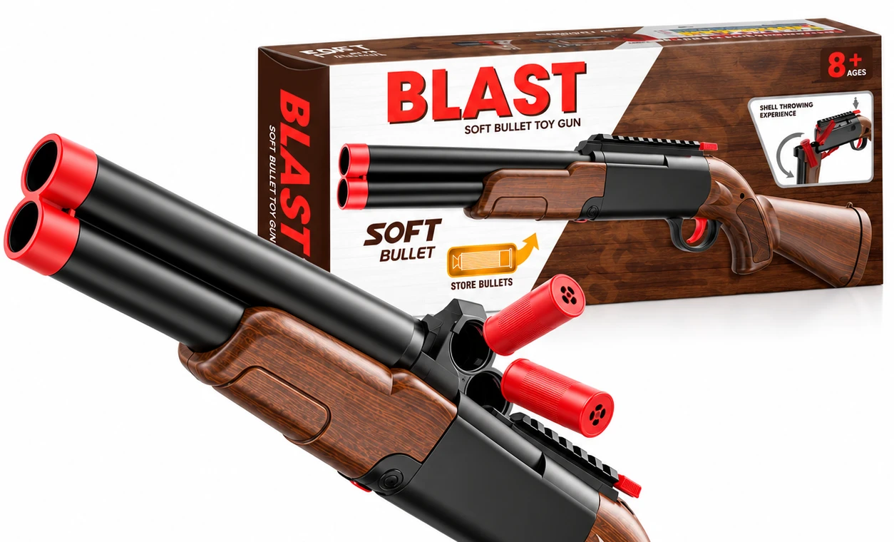 BLAST double barrel toy shotgun broken open at the breech with two red shells being thrown out, its box behind