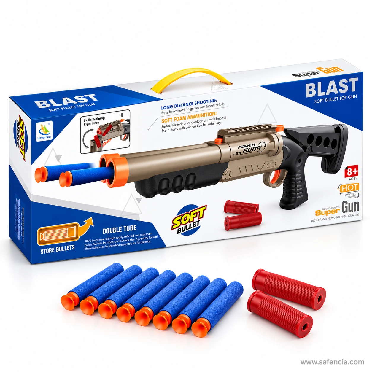 BLAST Soft Bullet Toy Gun box with the tan double barrel shotgun pictured, foam darts and red shells in front