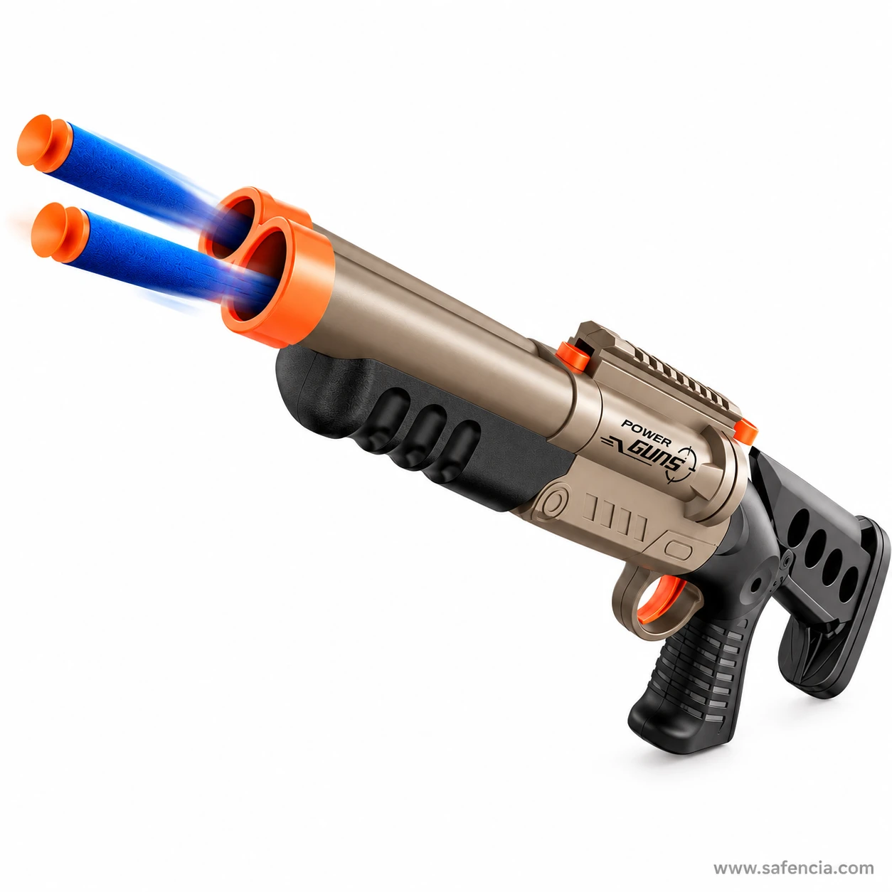 BLAST tactical toy shotgun angled upwards firing two blue foam darts from its orange-ringed double barrels