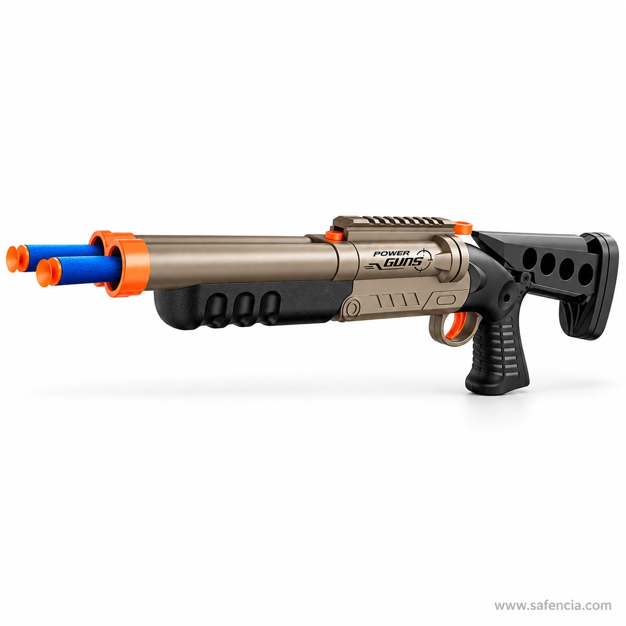 Side profile of the tan BLAST soft bullet shotgun showing the top rail, Power Guns logo, pistol grip and skeleton stock