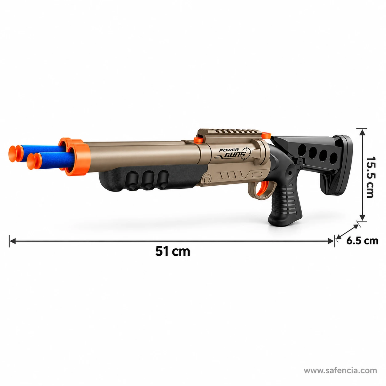 BLAST tactical toy shotgun size guide measuring 51 cm long, 15.5 cm high and 6.5 cm thick