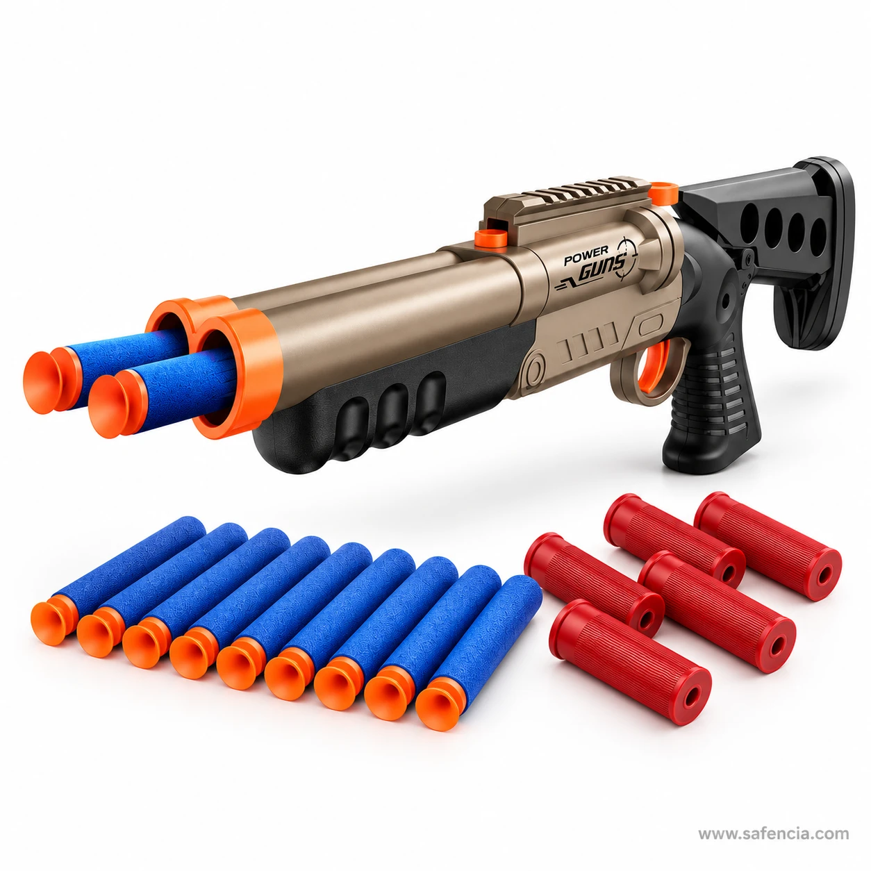 Tan and black double barrel foam dart shotgun with two loaded barrels, a row of blue foam darts and red plastic shells