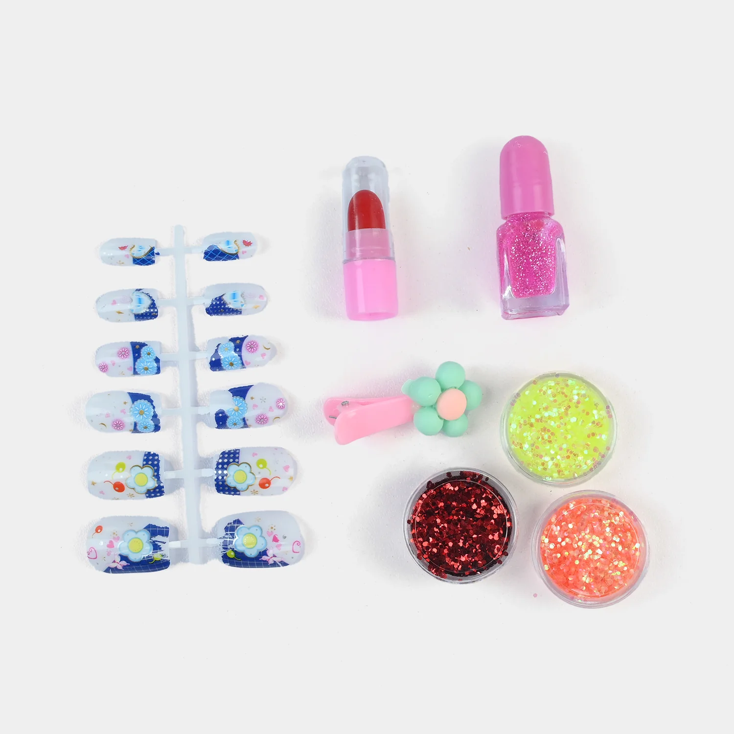 Blossom Nail & Lip Set open view - floral press-on nails, lipstick, nail polish, glitter and flower clip