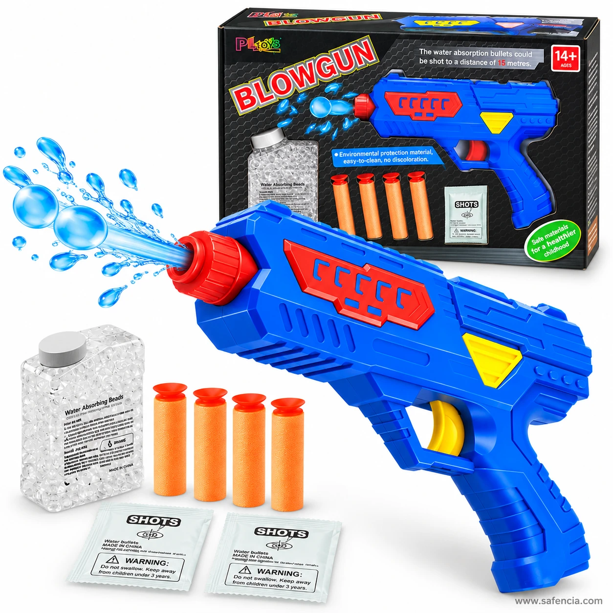 Blowgun gel blaster pistol firing a water bead that bursts into a splash at the muzzle, in front of its black box