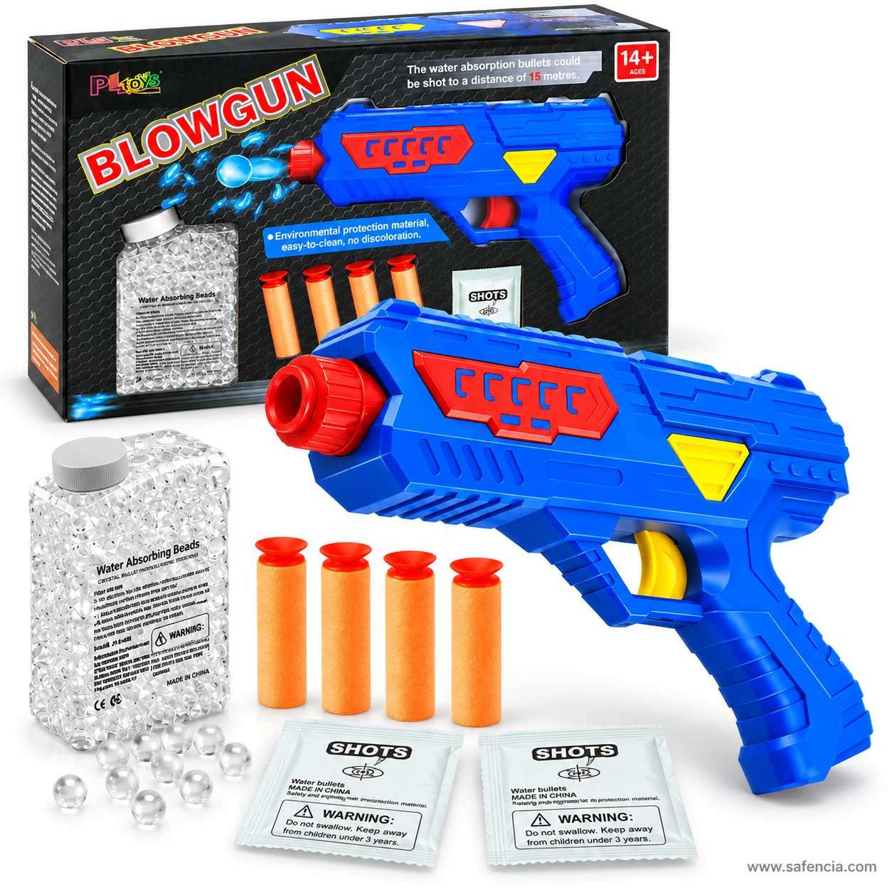 Blowgun gel pistol set laid out in front of its box with the bead bottle, loose clear beads, foam darts and sachets