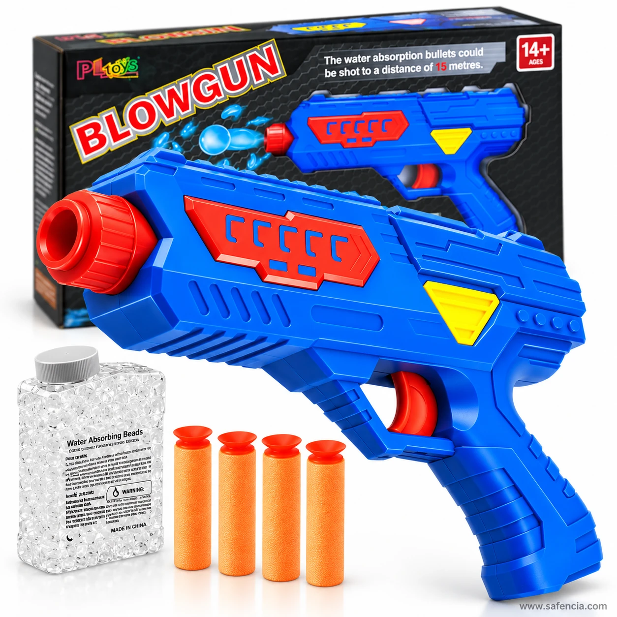 Front of the black Blowgun box stating that water bullets can be shot 15 metres, marked 14 and over