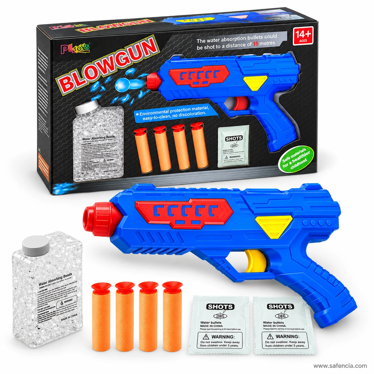 Side view of the blue Blowgun pistol showing its red grip panel and yellow trigger, with darts and sachets below