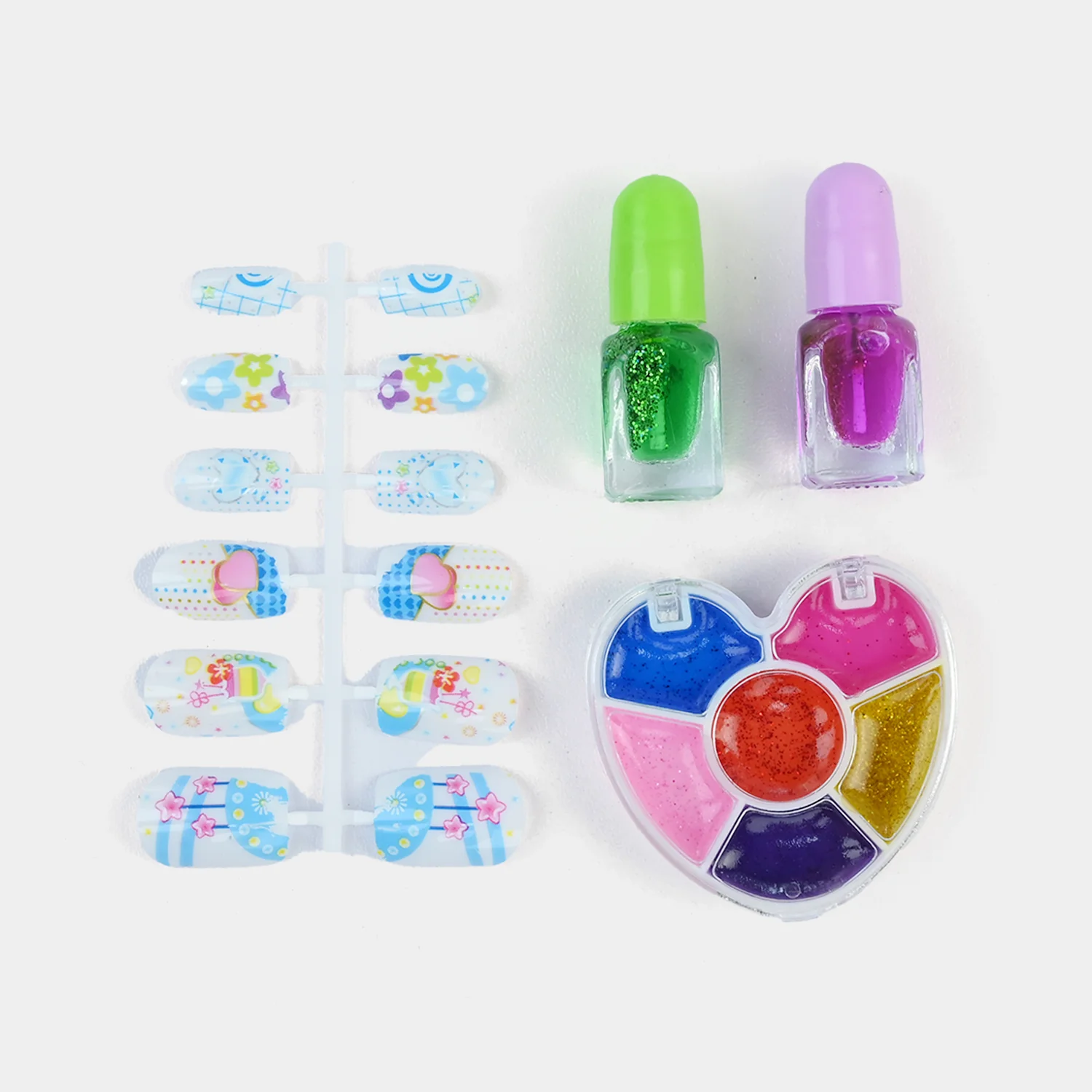 Blue Blossom Nail Art Set open view - press-on nails, heart glitter palette and glitter nail polishes