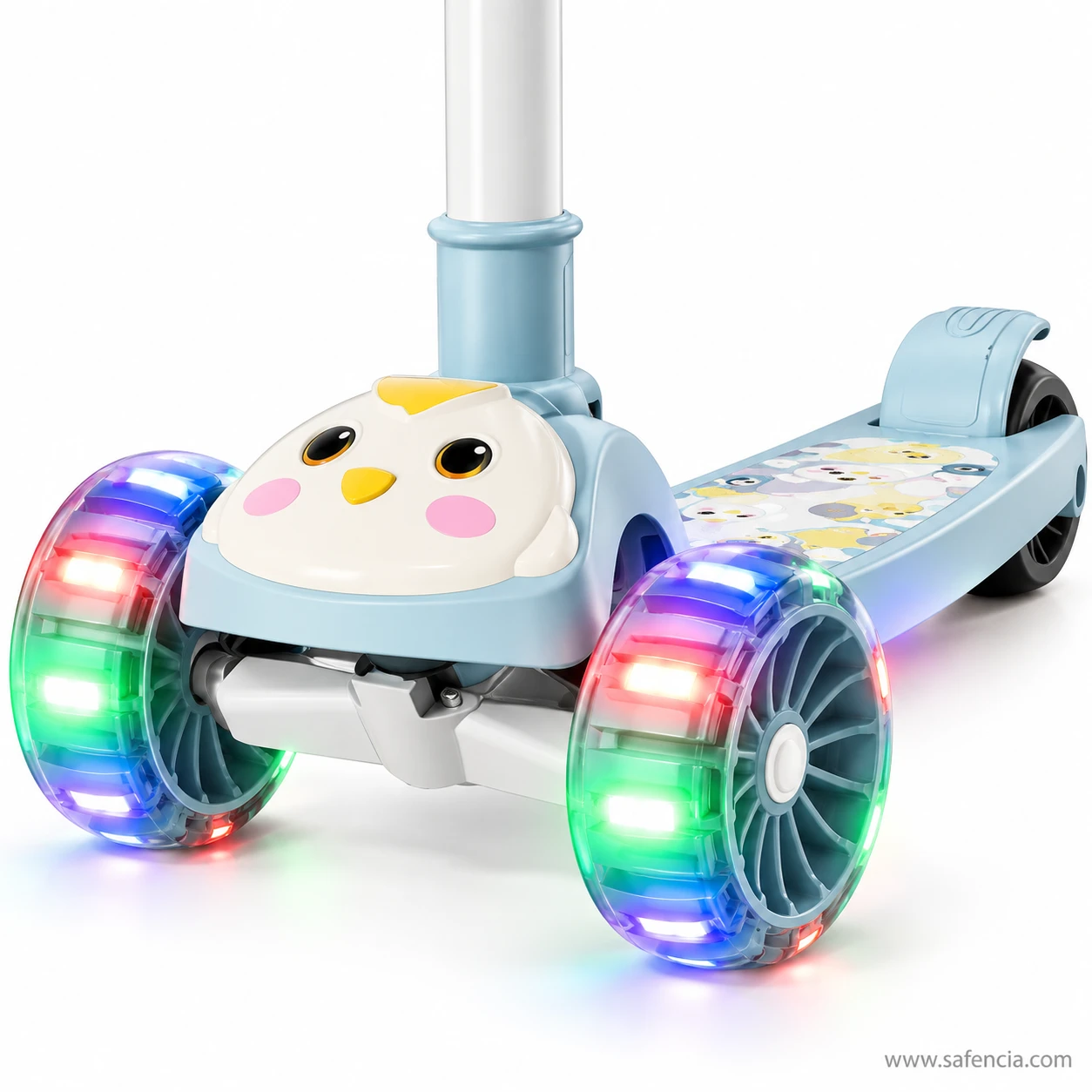 Close-up of the chick face on the blue kids scooty between its two lit 12 cm front wheels