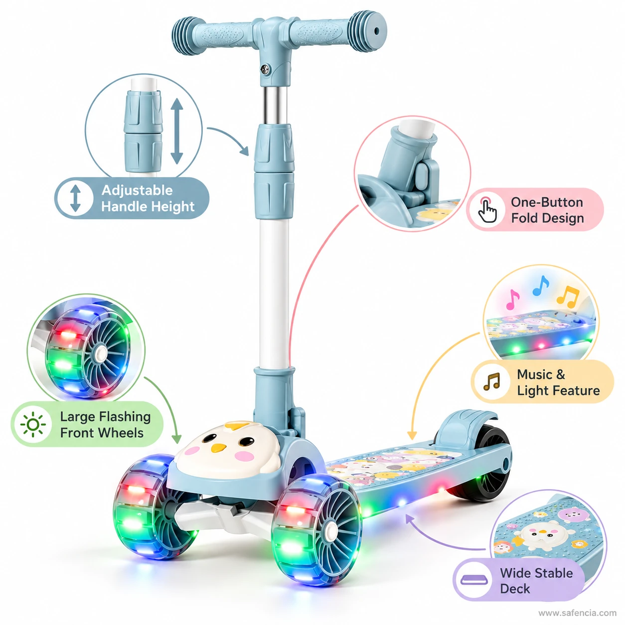 Blue chick kids scooty with callouts for adjustable handle, one-button fold, flashing wheels and music
