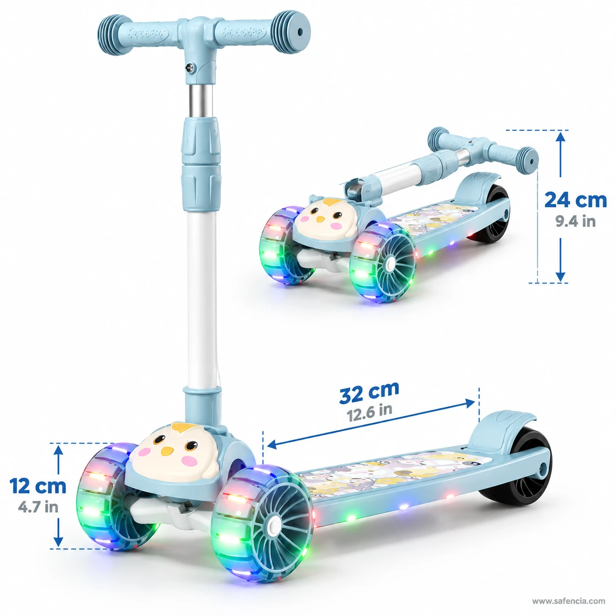 Blue chick kids scooty standing and folded, marked with 24 cm folded height and 12 cm front wheels