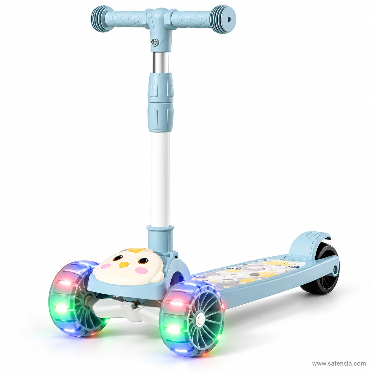 Blue chick kids scooty from a front angle with both front wheels flashing and deck lights on