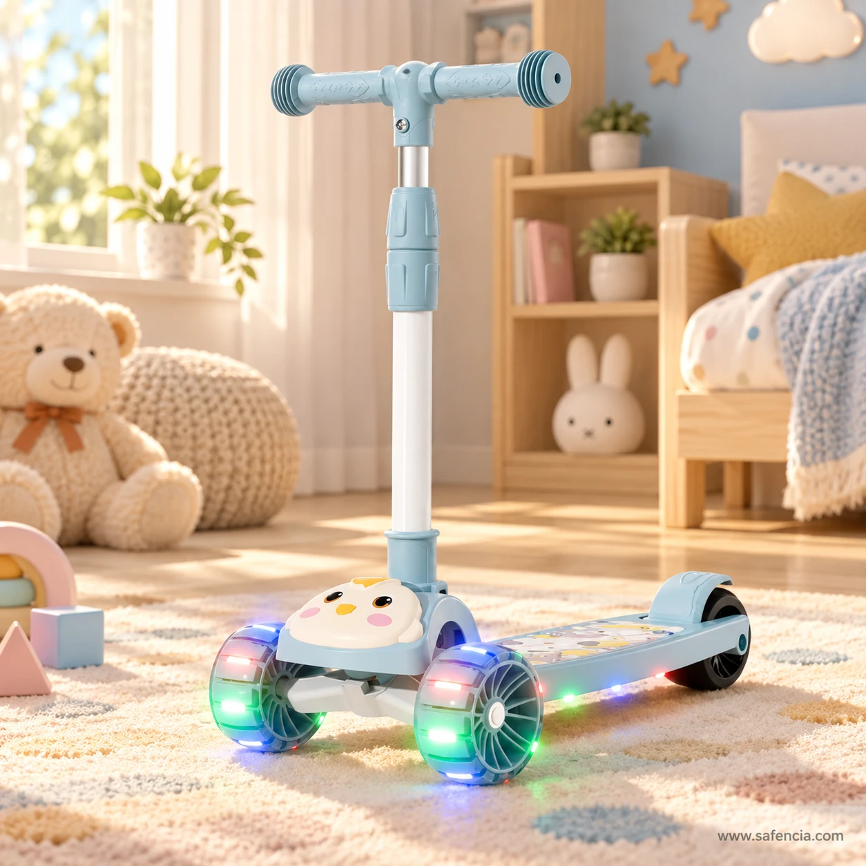 Blue chick kids scooty standing on a rug in a bright children's playroom with a teddy bear behind it