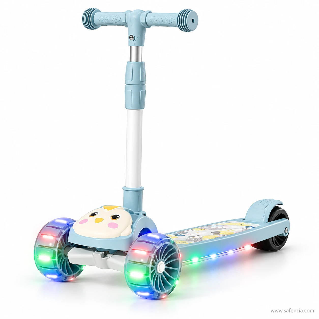 Side angle of the blue chick kids scooty showing the animal-print deck and rear mudguard