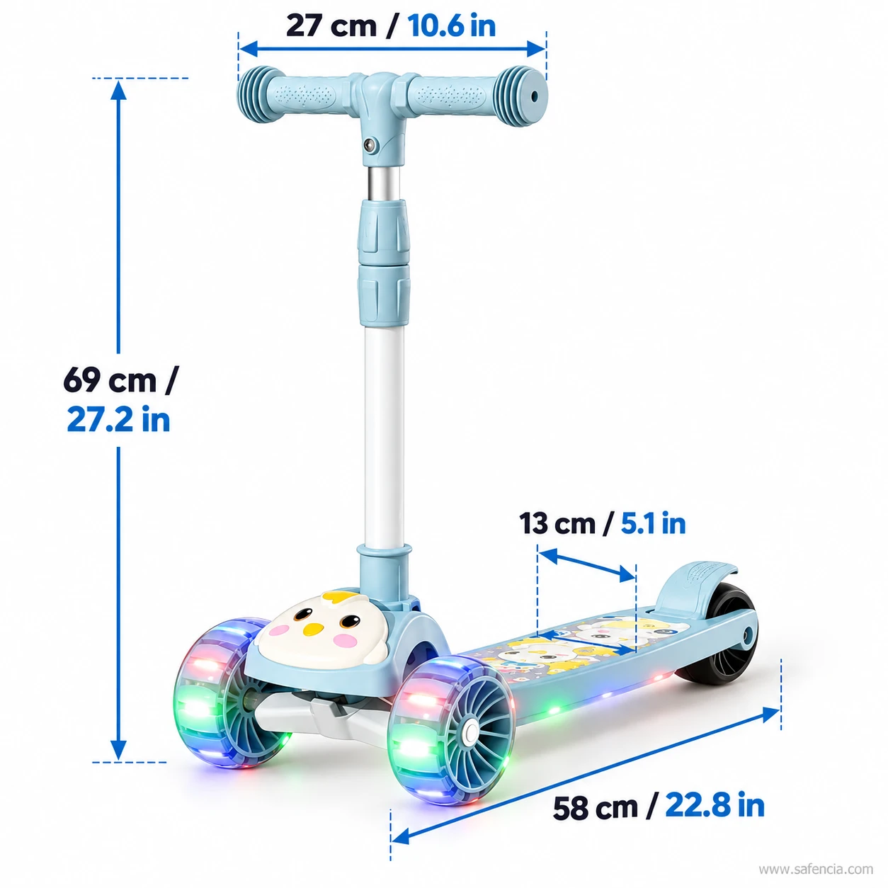 Size chart of the blue chick kids scooty showing 69 cm handle height, 27 cm handlebar and 58 cm length
