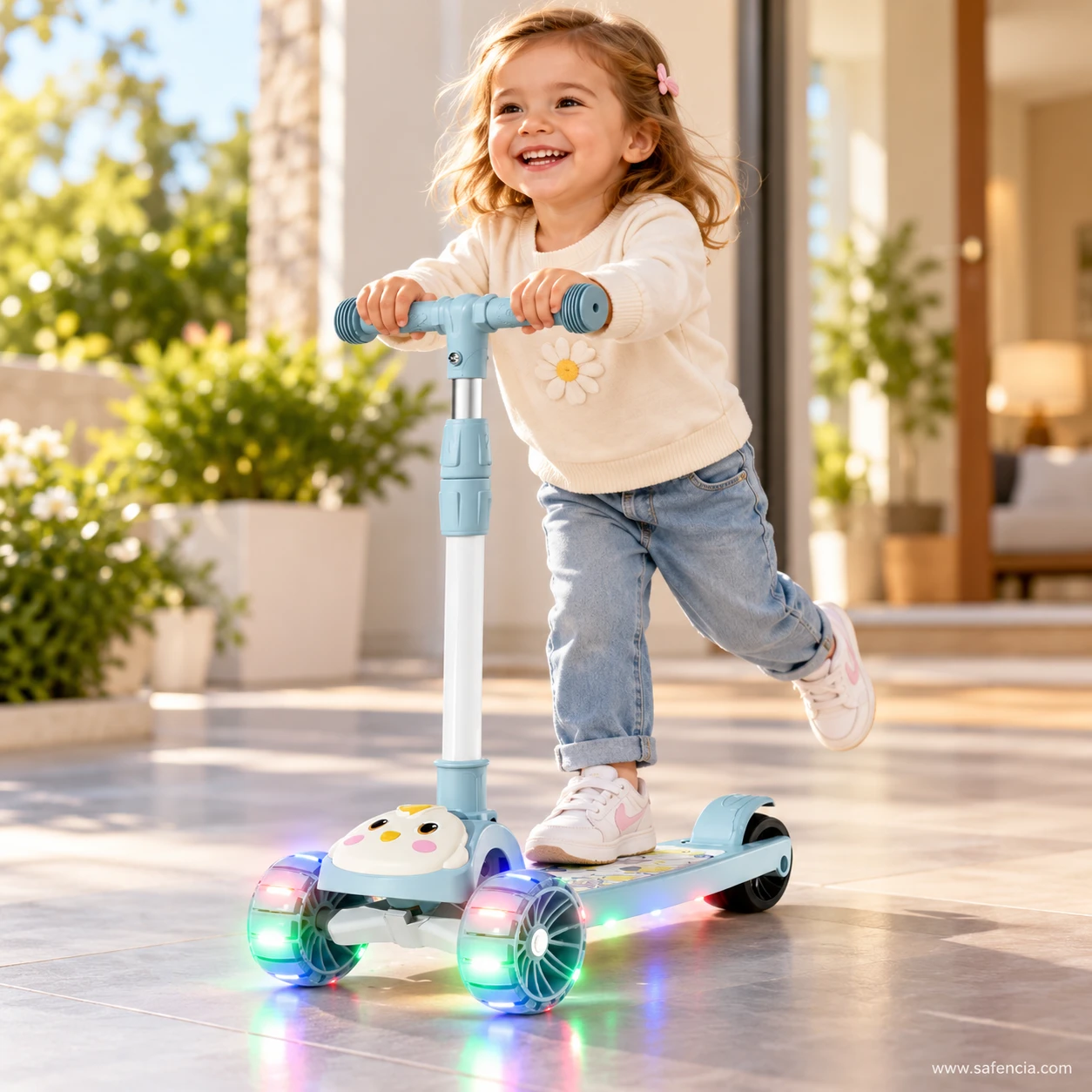Smiling young girl riding the blue chick kids scooty indoors with its front wheels lit up