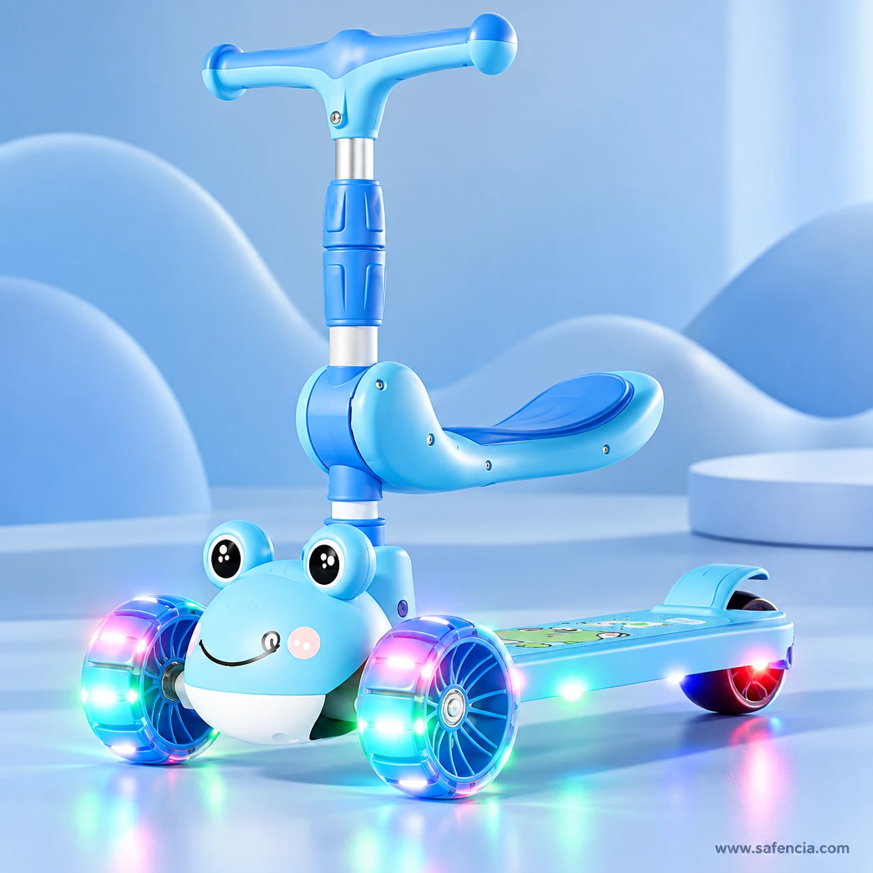Blue frog kids scooty with seat shown against a soft blue background with its wheels glowing