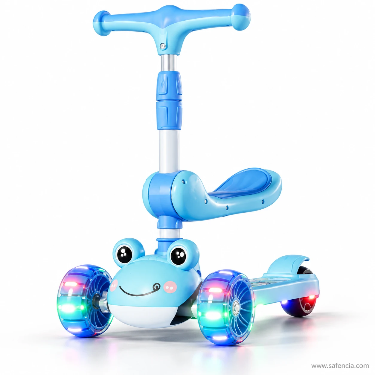 Front view of the blue frog kids scooty showing the frog face, the seat and both lit front wheels